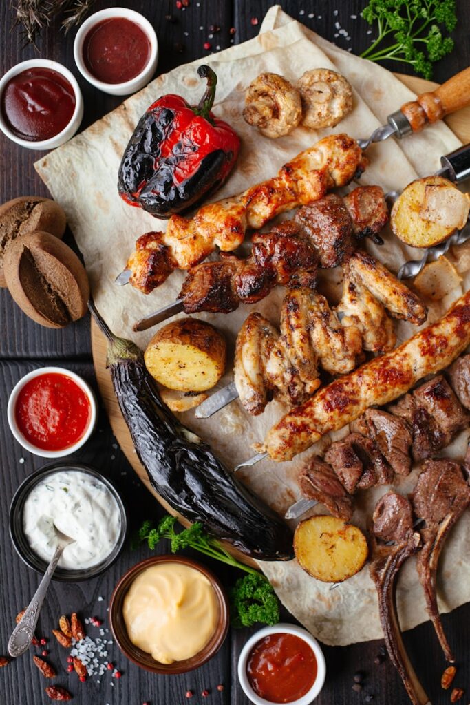 Authentic Middle Eastern Cuisine: grilled meat and vegetable on the table