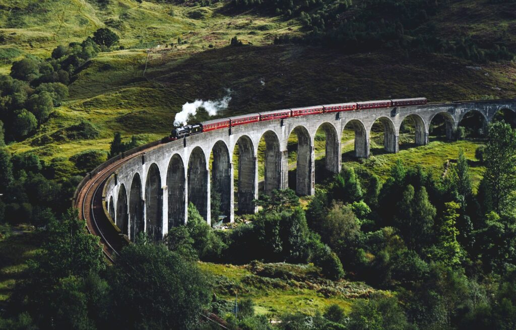 best train rides in europe: train on bridge surrounded with trees at daytime